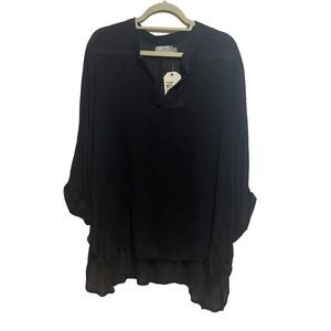 Nation LTD 2X Black Gauze Rolled Sleeve Boyfriend Shirt Top Blouse Lightweight